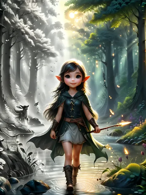 1girl, an experienced elf ranger embarks on a long journey of resistance, an elf wearing a leather tunic and a hooded cloak of g...