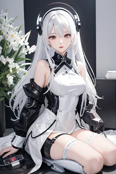 Hair color#CEC8D2 bionic human feeling（The gray heart exposed in the chest）
Anime girl in black and white clothing，Anime drawing inspired by Moto Sorayama，Trends on Pixiv，new doctrine，Broken beautiful female robot！ ，Anime robot mixed with organic，Wearing w...