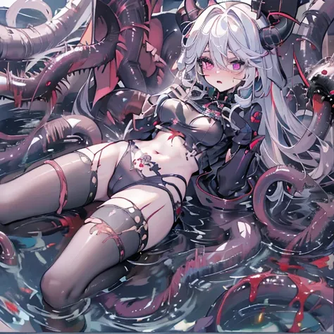 masterpiece, best quality, pubic tattoo on underbelly, girl, bishoujo, loli, magical_girl, loli, long hair, white hair, tentacle hair, blood on face, light blush, purple eyes, medium breasts, crop top, bare_legs, torn pantyhose, black pantyhose, latex legw...