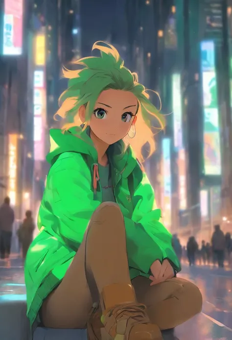 "A young girl sitting on the street in an anime style, with simple line art and soft pastel colors. She is wearing a green jacket and brown boots. The background shows an urban setting with tall buildings. The overall mood is calm and cheerful."
