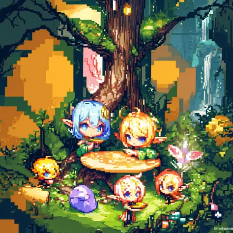 (many elves\((chibi:1.5),living daily life,eating food,washing clothes,talking each other,living on yggdrasil\)),background\(ygg...