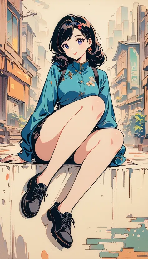 anime girl sitting on the ground with her shoes on, an anime drawing by ni duan, pixiv contest winner, digital art, urban girl f...