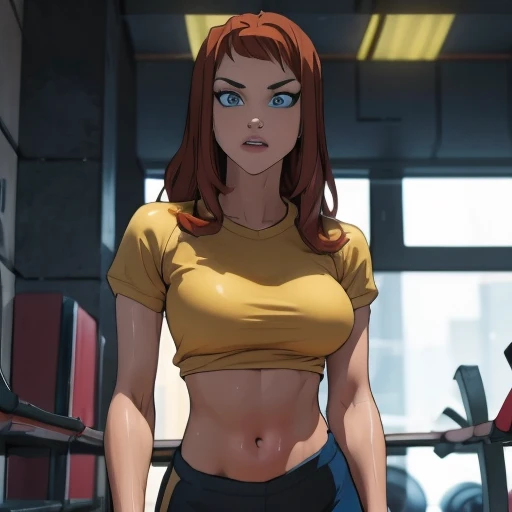 she's a young, slender woman with short, vibrant red hair and bright blue eyes, dressed in fitted gym attire. confident and dete...