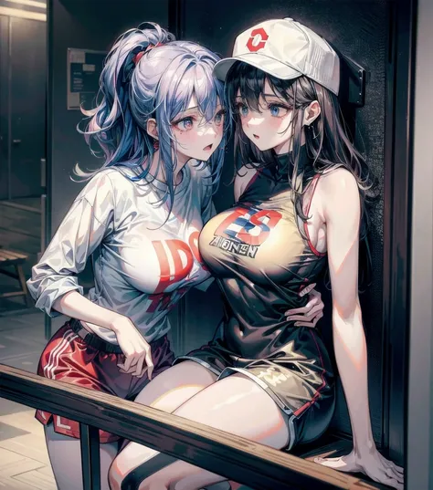 (((yuri))), (((2 girls))), Basketball shirt, baseball cap, Hot Pants, absurdres, RAW photo, extremely delicate and beautiful, masterpiece, Best Quality, ultra high resolution, 32k, hyperrealistic, ultra-detailed, detailed description, perfect anatomy, pale...