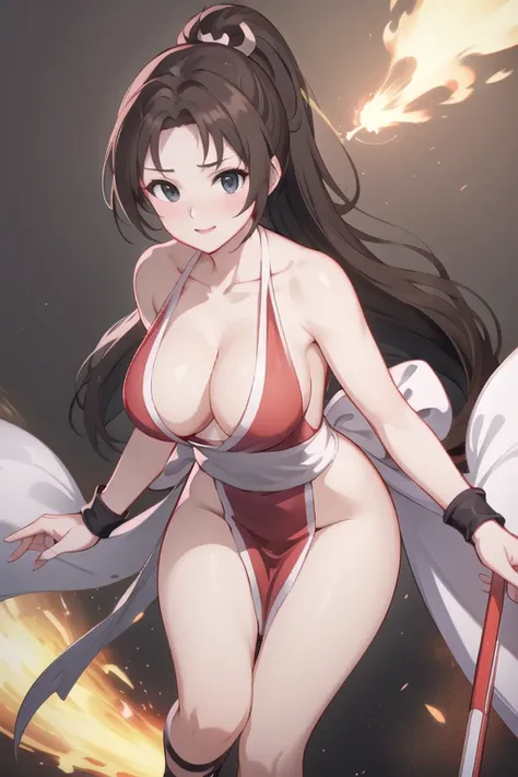 big tit busty anime girl with a fan and a fireball in her hand, mai shiranui, female action anime girl, character from king of fighters, beautiful alluring anime woman, extremely detailed artgerm, anime art wallpaper 8 k, ahri, anime style 4 k, seductive a...