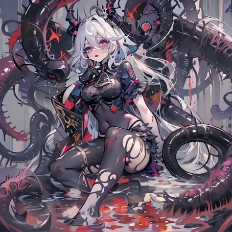 masterpiece, best quality, pubic tattoo on underbelly, girl, bishoujo, loli, magical_girl, loli, long hair, white hair, tentacle hair, blood on face, light blush, purple eyes, medium breasts, crop top, bare_legs, torn pantyhose, black pantyhose, latex legw...