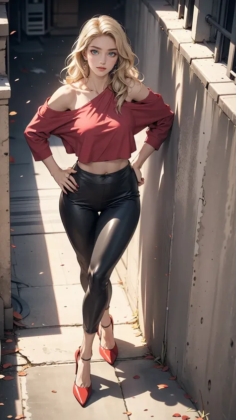 24-year-old female、long hair、Hair becomes wavy、Sexy proportions、Wear a one-shoulder top、Wear low rise leggings、Wear stiletto heels、smile、Place your hands on your hips、Old concrete wall background、sunlight from directly above