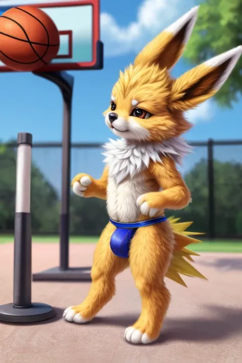 (by silverfox5213), hi-res, good graphics, great anatomy, anatomically correct, musk, musk clouds, jockstrap, Jolteon, playing basketball, basketball hoop, outside