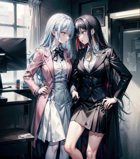 (((yuri))), (((2 girls))), (office lady suit), (skirt suit), (blazer), (blouse), absurdres, RAW photo, extremely delicate and beautiful, masterpiece, Best Quality, ultra high resolution, 32k, hyperrealistic, ultra-detailed, detailed description, perfect an...