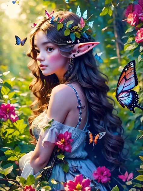 Flower path, journey, Quiet grove, Magical beautiful delicate butterfly, Butterflies of all sizes flutter around it., A serious atmosphere, brightness, Connection with nature, Dusk begins in the background, There is a mysterious and charming atmosphere, (T...