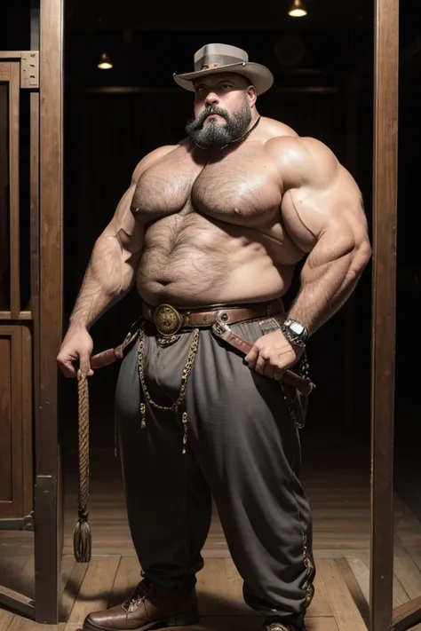  Hyper-realistic image of an elderly 19th century English Steampunk circus tamer superhero with bare torso combed gray hair and huge handlebar mustaches A super heavy bodybuilder flexing his muscles A full body obese bodybuilder with a very sweaty body An ...