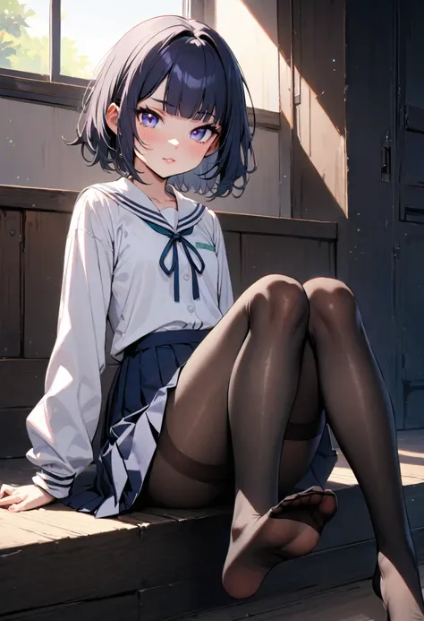 (masterpiece, best quality: 1.1), (ultra highres, ultra-detailed: 1.2) ,japanese school girl shows the soles of her feet to the viewer,(16yo,cute,detailed face,(navy hair-color,wavy-short hair),parallel eyebrows,navy eyes with large irises,blunt bangs,smal...