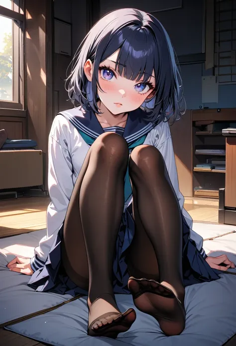 (masterpiece, best quality: 1.1), (ultra highres, ultra-detailed: 1.2) ,japanese school girl shows the soles of her feet to the viewer,(16yo,cute,detailed face,(navy hair-color,wavy-short hair),parallel eyebrows,navy eyes with large irises,blunt bangs,smal...