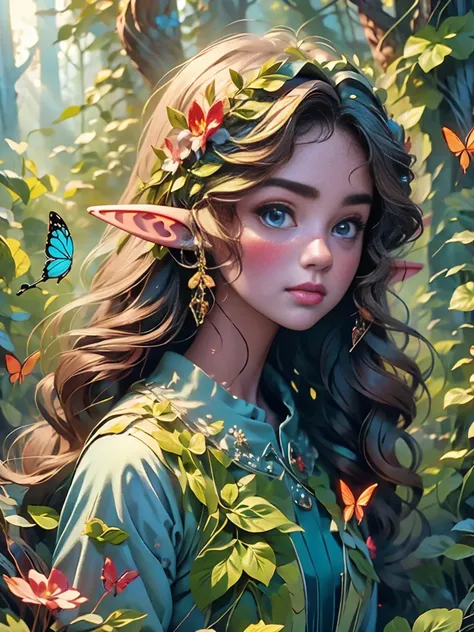 Flower path, journey, Quiet grove, Magical beautiful delicate butterfly, Butterflies of all sizes flutter around it., A serious atmosphere, brightness, Connection with nature, Dusk begins in the background, There is a mysterious and charming atmosphere, (T...