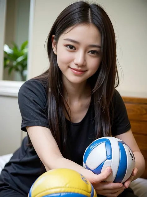 Very happy cute girl, Dark brown hair, There is a large mole under the right lip.,Dressed to play volleyball、Facing downwards to the right、A little smile