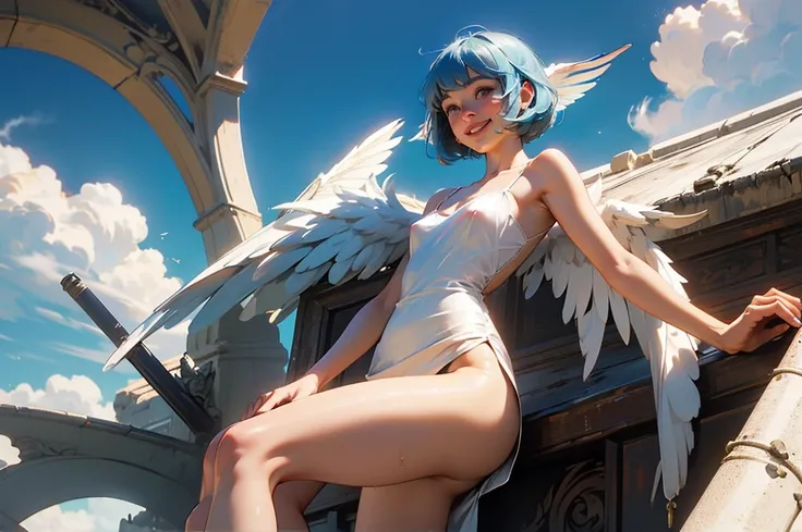 cloud, azure sky, 1girl, 1 Screen View, low angle, Realistic, Fantasy Art, sharp focus, fair skin, wet with sweat, Shiny natural skin texture, puffynipple, small breasts, Thick thighs, grin, smile, (rooftop:0.9), (Wings are growing:1.8), (desert:0.7), (nsf...