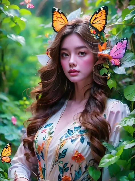 flower path, journey, quiet grove, magical beautiful delicate butterfly, butterflies of all sizes flutter around it., a serious ...