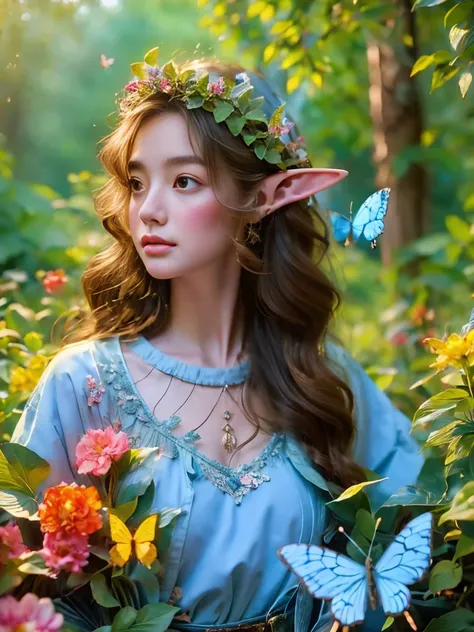 Flower path, journey, Quiet grove, Magical beautiful delicate butterfly, Butterflies of all sizes flutter around it., A serious atmosphere, brightness, Connection with nature, Dusk begins in the background, There is a mysterious and charming atmosphere, (T...