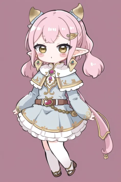 masterpiece, best quality, highly detailed, nozochibi, 1girl, solo, blush stickers, (chibi:1.4), simple background, full body,frieren, long hair, pointy ears, twintails, jewelry, elf, earrings, capelet, white capelet, long sleeves, parted bangs, dress, bel...