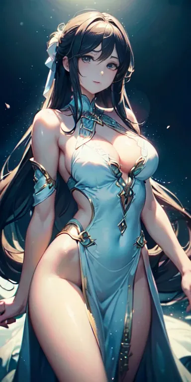 ((Masterpiece, Best high resolution quality),(Dreamy atmosphere and soft lighting),(1 character),(Mysterious expression and Elegant Pose),(flowing hair and bright eyes),(Magical costume and Delicate Details) )