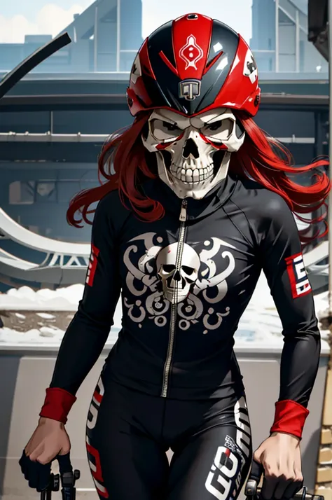 1woman, road cycling speed, long hair, red skull head, cycling suit and short, jersey, helmet, skull face head,