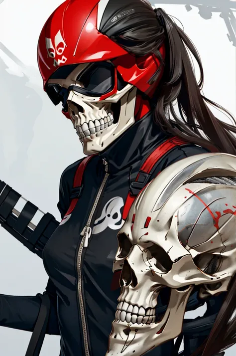 1woman, road cycling speed, long hair, red skull head, cycling suit and short, jersey, helmet, skull face head,