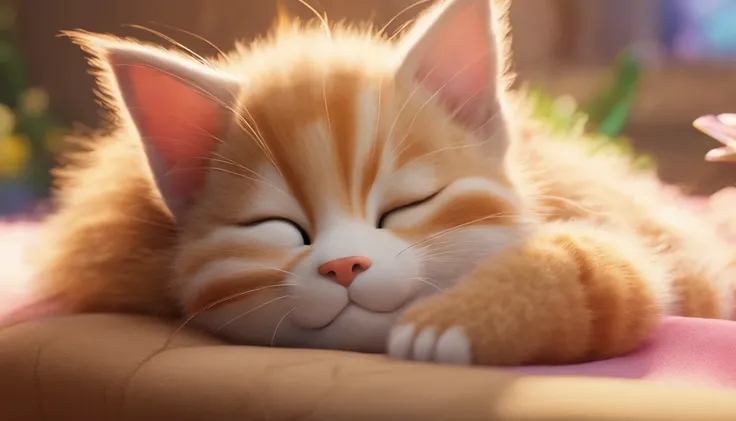 Disney Pixar-style light brown and white kitten sleeping with eyes closed on a cloud 15,000 meters above the ground。