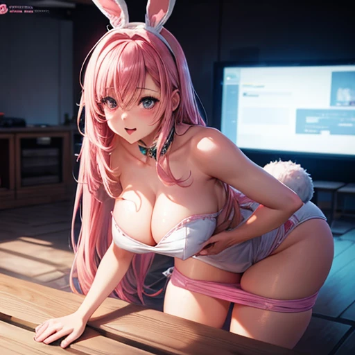 Cute and sexy girl, Pink Hair, Bunny girl, Ultra-realistic, Detailed lighting, anime, Spanking  