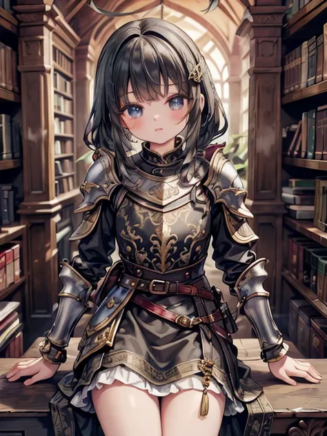 masterpiece, highest quality, Very detailed, 16k, Ultra-high resolution, Cowboy Shot, Detailed face, Perfect Fingers, A 13-year-old girl, black eye, Black Hair, Braid, Luxurious Western-style building, library, Bookshelf, table, Chair, Chairに座る, medieval a...