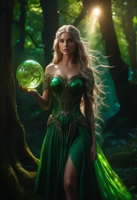 Elf, a beautiful female elf with long flowing hair, detailed facial features, (long pointed ears:1.5), emerald green eyes, wearing an elegant forest green dress, standing in a lush enchanted forest with tall ancient trees, sunlight filtering through the le...