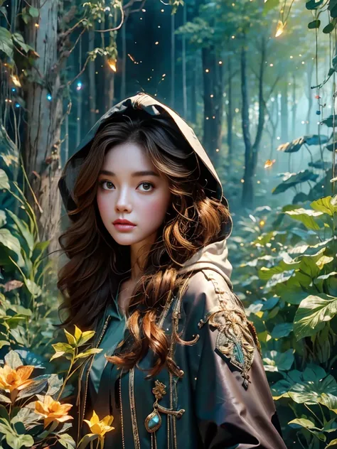 A girl, An experienced Elf Ranger embarks on a long journey of resistance, An elf wearing a leather tunic and a hooded cloak of gleaming platinum silk，Holding Elven Bow, Black Forest, A forest landscape in the background，Beautiful trees, Stream and Firefli...