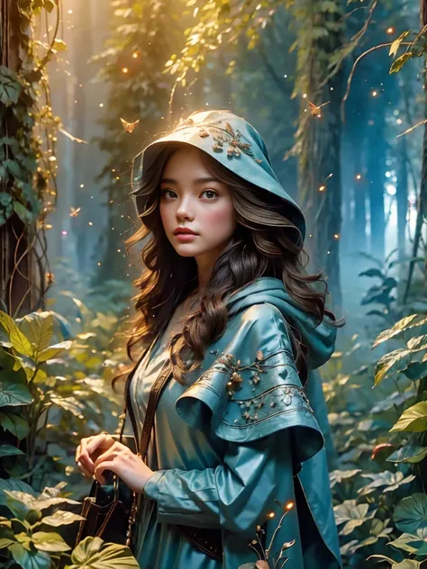 A girl, An experienced Elf Ranger embarks on a long journey of resistance, An elf wearing a leather tunic and a hooded cloak of gleaming platinum silk，Holding Elven Bow, Black Forest, A forest landscape in the background，Beautiful trees, Stream and Firefli...