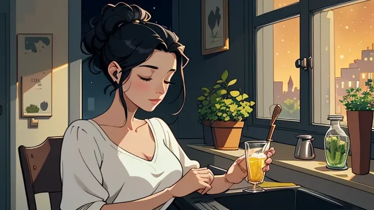 Late at night, a Beautiful woman in her 30s with black hair up is sitting on the chair with her eyes closed in a stylish kitchen. Cozy wallpaper, Gwydz style artwork, LOFI girls, trending at cgstation, relaxed mood, nightcore, cozy, night, wide glass windo...