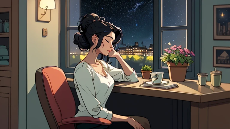 Late at night, a Beautiful woman in her 30s with black hair up is sitting on the chair with her eyes closed in a stylish kitchen. Cozy wallpaper, Gwydz style artwork, LOFI girls, trending at cgstation, relaxed mood, nightcore, cozy, night, wide glass windo...