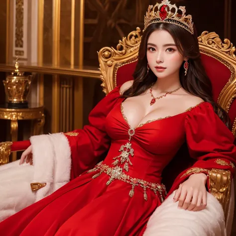 The woman has very large breasts、She feels confident sitting on her throne、Wearing a red dress、The crown is very gorgeous and large.