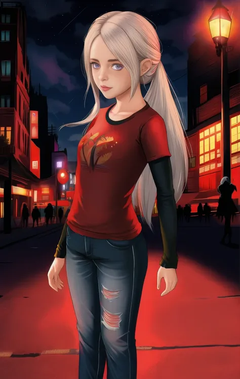 red shirt, long sleeves, standing, long hair, neon lights, night, looking at viewer, blue jeans, solo, edelgardacademy, white ha...