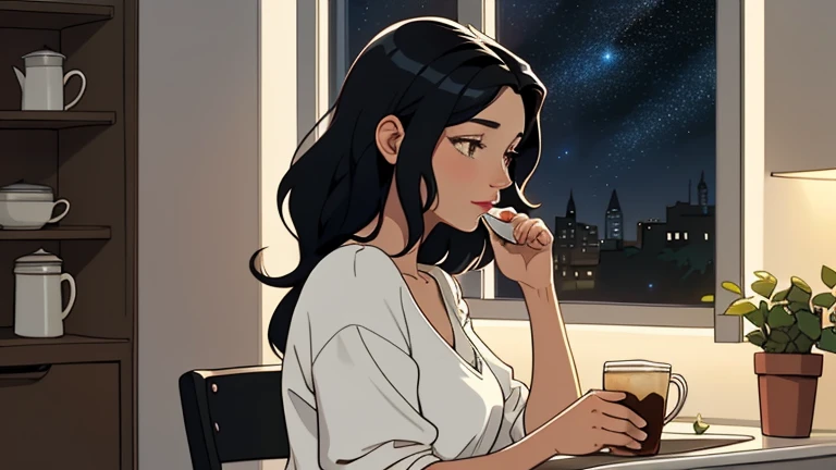 Late at night, a beautiful woman in her 30s with black hair is drinking coffee in a stylish kitchen. Cozy wallpaper, Gwydz style artwork, LOFI girls, trending at cgstation, relaxed mood, nightcore, cozy, night, wide glass windows, starry sky, table, chair,...