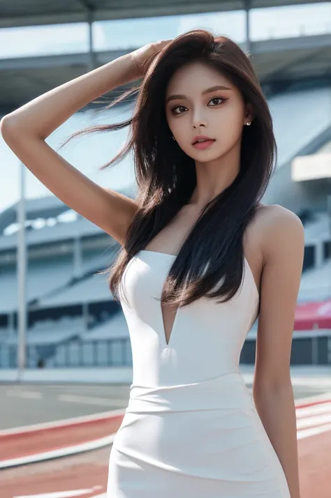 Tzuyu 1, woman, (Realistic), (Hyperrealism), (photoRealistic), Written boundary depth, eye make up:0.7 (whole body:1.2), (Large Bust),(Tight waist), Observe the audience,In the pits of a race track, Race Queen, A sexy dress with open shoulders and neckline