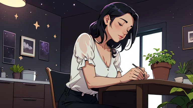 Late at night, a Beautiful woman in her 30s with black hair tied is sitting on the chair with her eyes closed in a stylish kitchen. Cozy wallpaper, Gwydz style artwork, LOFI girls, trending at cgstation, relaxed mood, nightcore, cozy, night, wide glass win...