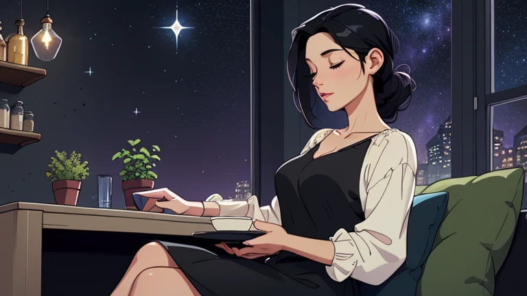 Late at night, a Beautiful woman in her 30s with black hair tied is sitting on the sofa with her eyes closed in a stylish living. Cozy wallpaper, Gwydz style artwork, LOFI girls, trending at cgstation, relaxed mood, nightcore, cozy, night, wide glass windo...