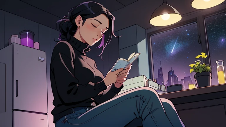 Late at night, a Beautiful woman in her 30s with black hair tied is sitting on the sofa with her eyes closed in a stylish living. Cozy wallpaper, Gwydz style artwork, LOFI girls, trending at cgstation, relaxed mood, nightcore, cozy, night, wide glass windo...