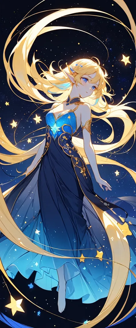      naughty elf.Night Guardian.Dark blue background，Narrative poetry with a dreamy atmosphere，The starry sky sparkles with golden stars，The beautiful oriental girl transforms into an elf and wears blue luminous silk，clean background，Messy hair，A large amo...