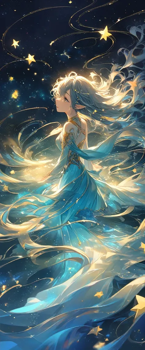 naughty elf.Night Guardian.Dark blue background，Narrative poetry with a dreamy atmosphere，The starry sky sparkles with golden stars，The beautiful oriental girl transforms into an elf and wears blue luminous silk，clean background，Messy hair，A large amount o...