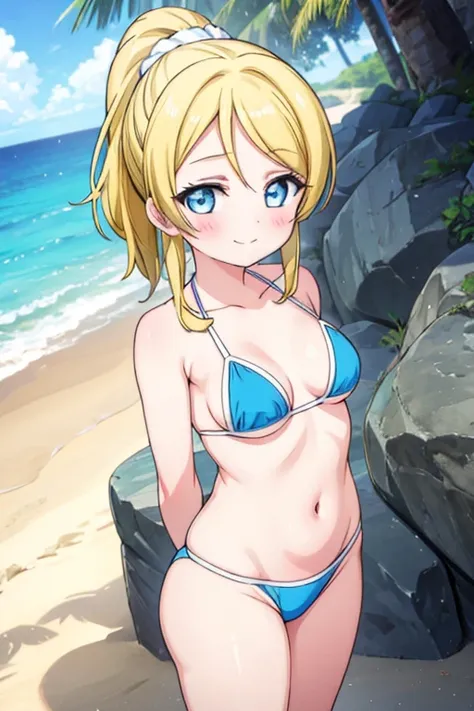 1girl, ayase eli,blonde hair, solo,blue micro bikini, blue eyes, beach, navel, smile, ponytail, white scrunchie, breasts, looking at viewer, blush, arms behind back, outdoors, small breasts,closed mouth