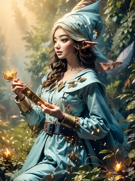 1girl, (Elf Magician:1.5)，Magic energy gathers in the palm of your hand, Autumn braids and cape flying in the wind, The delicate leaf-shaped armor shimmers in the mysterious forest mist behind her, A wolf stood firmly beside her, Prepare for an adventure, ...