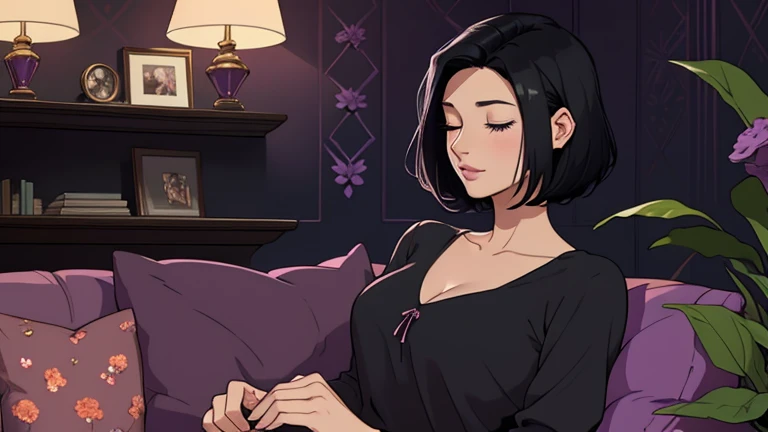 Beautiful woman in her 30s with short black hair is sitting on the sofa with her eyes closed. Looking down, eyes closed, LOFI girl, alone in the room, V-neck blouse, cozy wallpaper, big cushion, bookshelf, beautiful flowers, relaxing mood, night core, cozy...