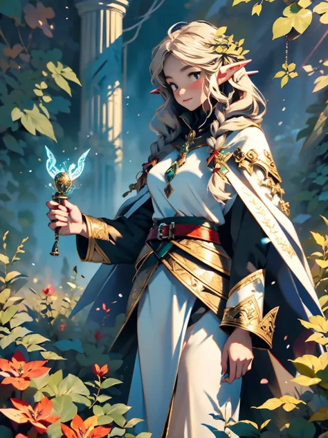 1girl, (Elf Magician:1.5)，Magic energy gathers in the palm of your hand, Autumn braids and cape flying in the wind, The delicate leaf-shaped armor shimmers in the mysterious forest mist behind her, A wolf stood firmly beside her, Prepare for an adventure, ...