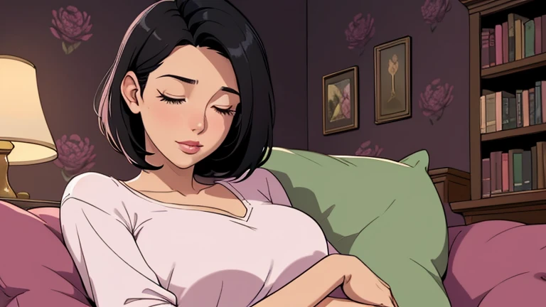 Beautiful woman in her 30s with short black hair is sitting on the sofa with her eyes closed. Looking down, eyes closed, LOFI girl, alone in the room, V-neck blouse, cozy wallpaper, big cushion, bookshelf, beautiful flowers, relaxing mood, night core, cozy...