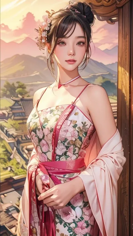 Teenage Chinese Beauty、Willow leaf eyebrows、Ancient Chinese pink off-the-shoulder dress、Bare neck、Flowing Cape、Bun with hairpin、Flower Hairpin、bracelet、Traditional Chinese Painting、Western painting、Waterconk、Popular at cgstation、masterpiece、highest quality...