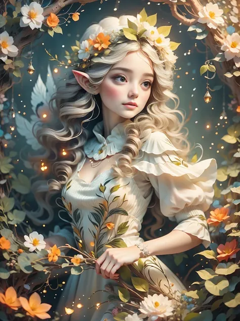 ethereal elf princess,extremely detailed eyes and face,long eyelashes,beautiful detailed lips, flowing white hair, wearing a stu...